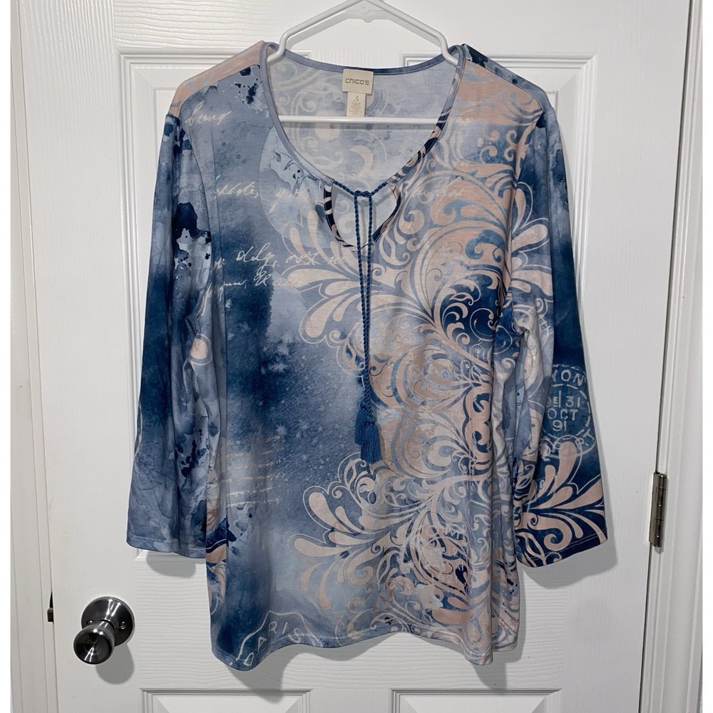 Chicos Passport Boho Watercolor Top 3/4 Sleeve Medallion Postcard Tassel Shirt 3